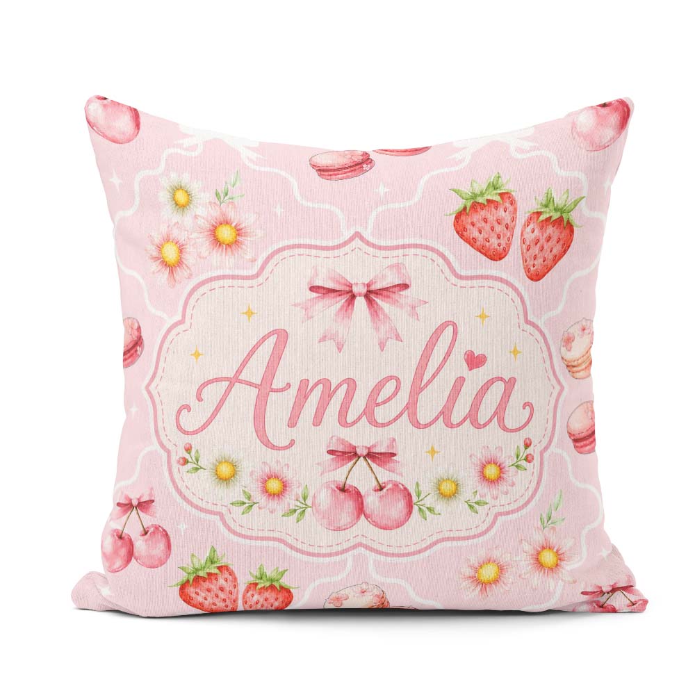 Custom Name Strawberry Cherry Daisy Bow Sweet Dessert Light Rose Square Filled Cushion Throw Pillow Sofa Bed Home Decor Zip Washable UK Made