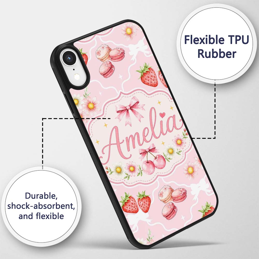 Strawberry Cherry Daisy Floral Bow Sweet Dessert Custom Name Protective Phone Case Mobile Cover Durable Everyday Smartphone Shock Resistant