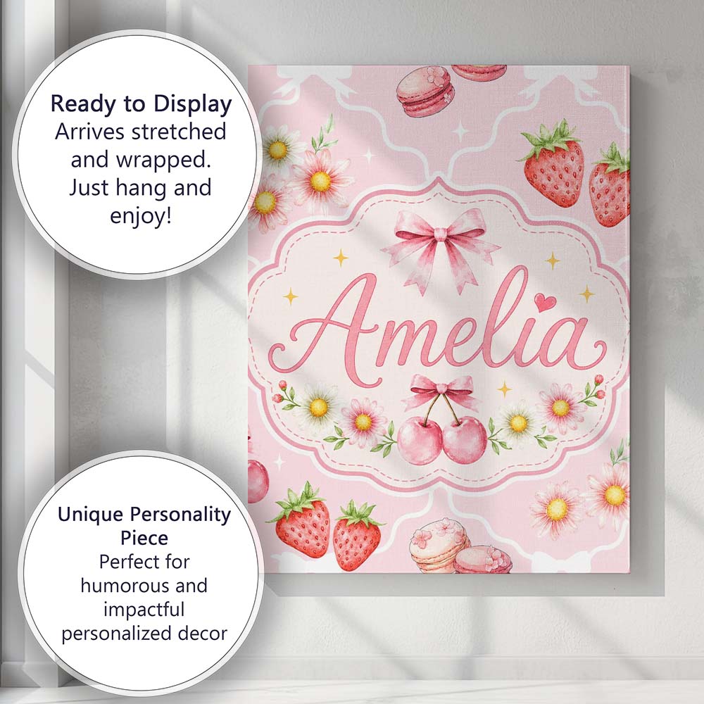 Personalised Name Strawberry Cherry Daisy Custom  Unique Gift Idea Elegant Feature Canvas Wall Art Print Decor Picture Ready to Hang