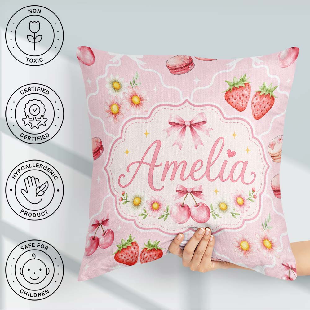 Custom Name Strawberry Cherry Daisy Bow Sweet Dessert Light Rose Square Filled Cushion Throw Pillow Sofa Bed Home Decor Zip Washable UK Made