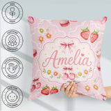 Custom Name Strawberry Cherry Daisy Bow Sweet Dessert Light Rose Square Filled Cushion Throw Pillow Sofa Bed Home Decor Zip Washable UK Made