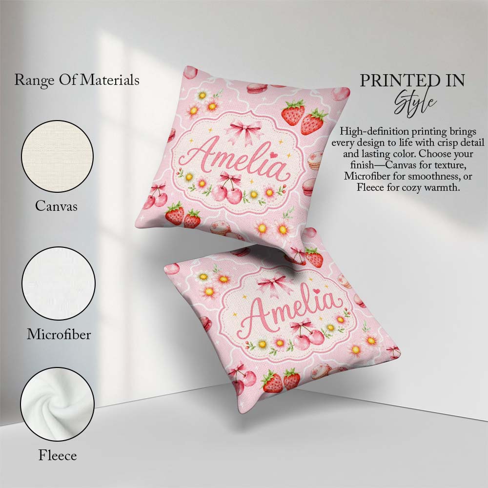 Custom Name Strawberry Cherry Daisy Bow Sweet Dessert Light Rose Square Filled Cushion Throw Pillow Sofa Bed Home Decor Zip Washable UK Made