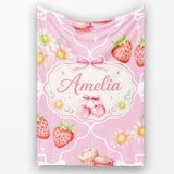 Cute Strawberry Cherry Daisy Floral Bow Sweet Dessert Soft Pink  Personalised Custom Name Super Soft Fleece Blanket Bed Sofa Throw
