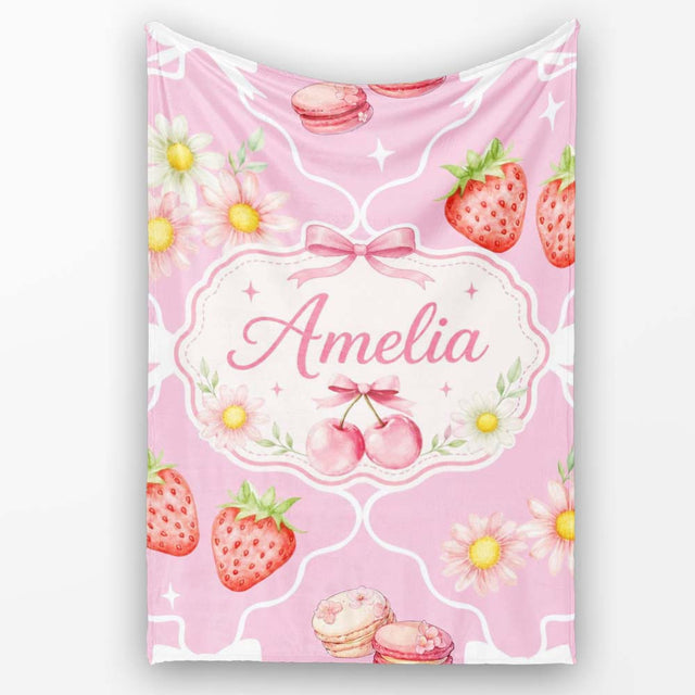 Cute Strawberry Cherry Daisy Floral Bow Sweet Dessert Soft Pink  Personalised Custom Name Super Soft Fleece Blanket Bed Sofa Throw
