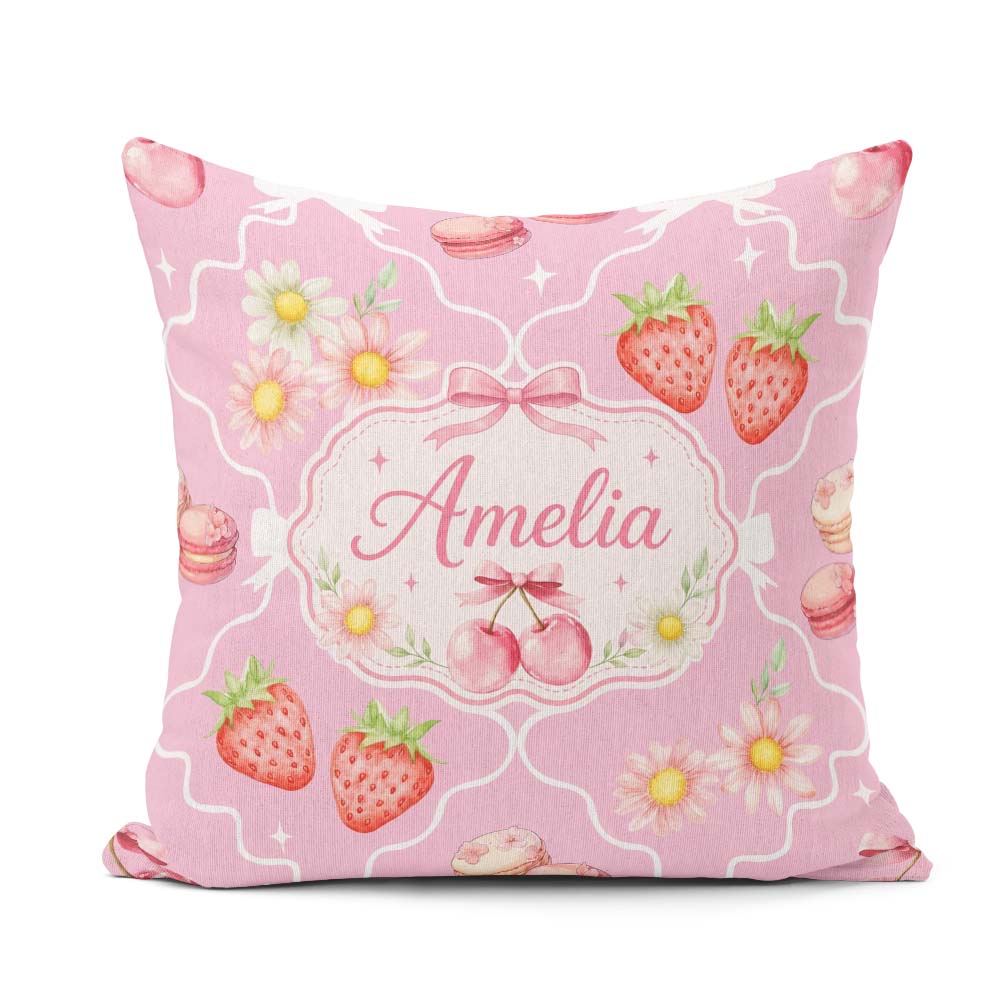 Custom Name Cute Cherry Daisy Floral Bow Sweet Dessert Soft Pink Square Filled Cushion Throw Pillow Sofa Bed Home Decor Zip Washable UK Made