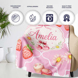 Cute Strawberry Cherry Daisy Floral Bow Sweet Dessert Soft Pink  Personalised Custom Name Super Soft Fleece Blanket Bed Sofa Throw