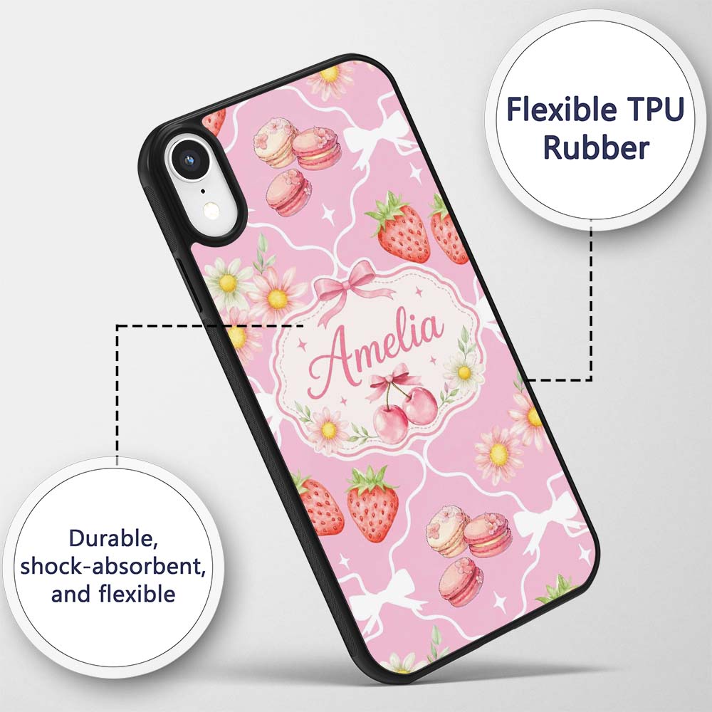 Cute Strawberry Cherry Daisy Floral Bow Sweet Custom Name Protective Phone Case Mobile Cover Durable Everyday Smartphone Shock Resistant