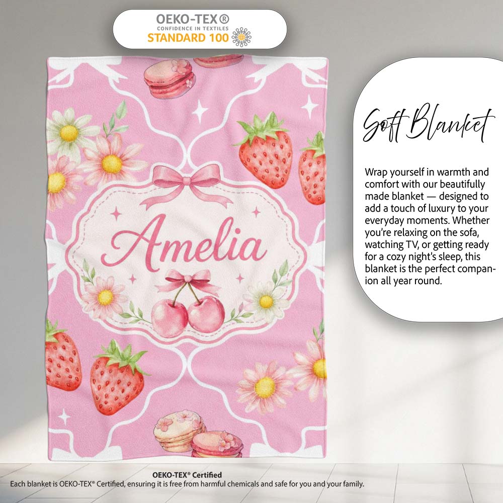 Cute Strawberry Cherry Daisy Floral Bow Sweet Dessert Soft Pink  Personalised Custom Name Super Soft Fleece Blanket Bed Sofa Throw