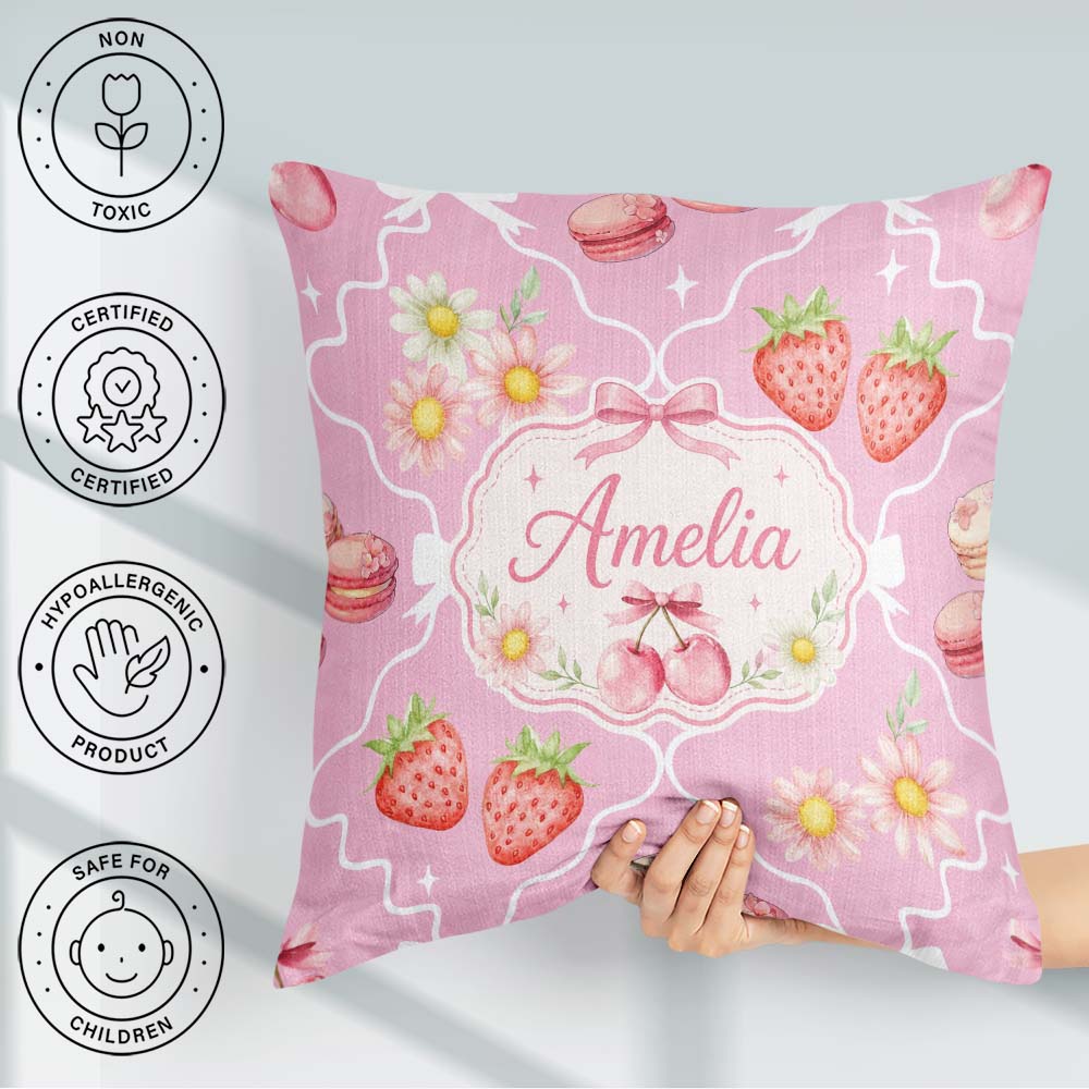Custom Name Cute Cherry Daisy Floral Bow Sweet Dessert Soft Pink Square Filled Cushion Throw Pillow Sofa Bed Home Decor Zip Washable UK Made