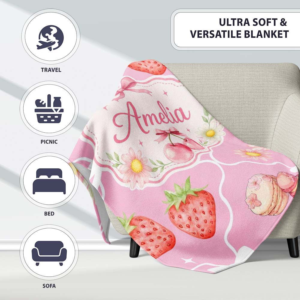 Cute Strawberry Cherry Daisy Floral Bow Sweet Dessert Soft Pink  Personalised Custom Name Super Soft Fleece Blanket Bed Sofa Throw