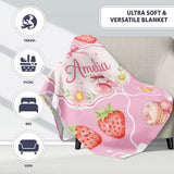 Cute Strawberry Cherry Daisy Floral Bow Sweet Dessert Soft Pink  Personalised Custom Name Super Soft Fleece Blanket Bed Sofa Throw