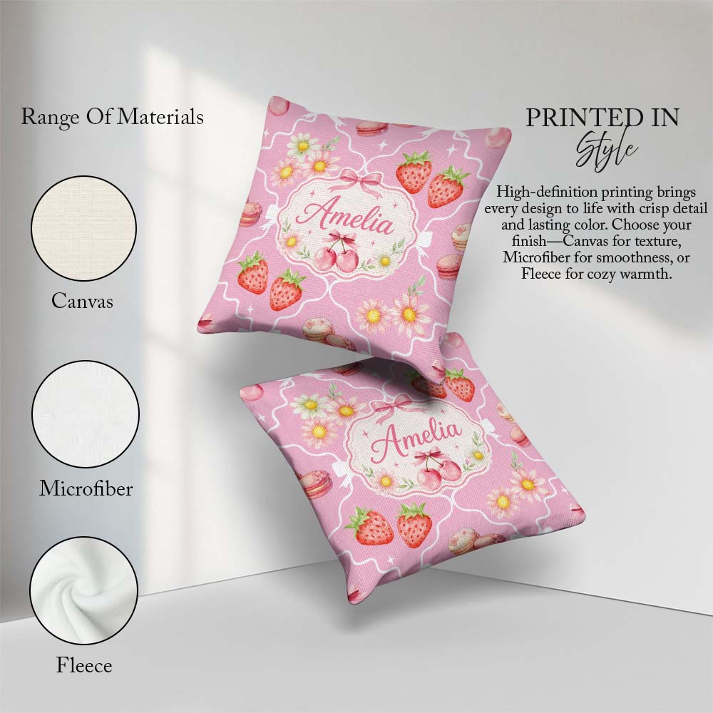Custom Name Cute Cherry Daisy Floral Bow Sweet Dessert Soft Pink Square Filled Cushion Throw Pillow Sofa Bed Home Decor Zip Washable UK Made