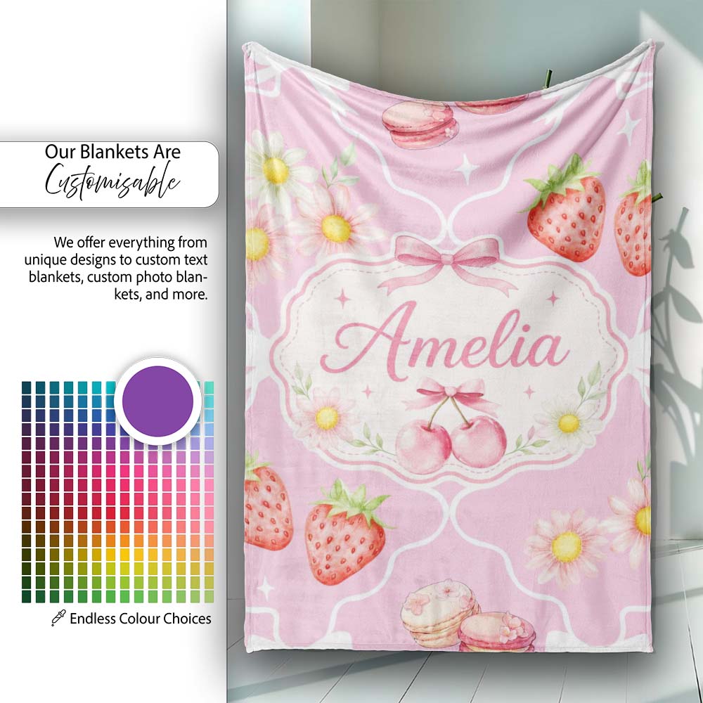 Cute Strawberry Cherry Daisy Floral Bow Sweet Dessert Soft Pink  Personalised Custom Name Super Soft Fleece Blanket Bed Sofa Throw