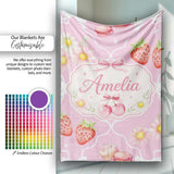 Cute Strawberry Cherry Daisy Floral Bow Sweet Dessert Soft Pink  Personalised Custom Name Super Soft Fleece Blanket Bed Sofa Throw