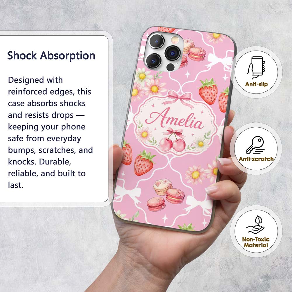 Cute Strawberry Cherry Daisy Floral Bow Sweet Custom Name Protective Phone Case Mobile Cover Durable Everyday Smartphone Shock Resistant