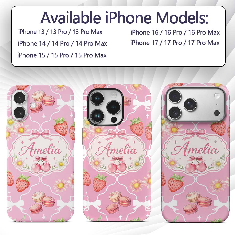 Cute Strawberry Cherry Daisy Floral Bow Sweet Custom Name Protective Phone Case Mobile Cover Durable Everyday Smartphone Shock Resistant