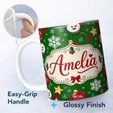 Personalized Custom Name Cute Snowman Ho Ho Baubles Stars Festive Holiday Seamless Pattern 11oz Ceramic Coffee Tea Mug White Large Handle