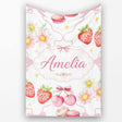 Cute Strawberry Cherry Daisy Floral Bow Sweet Dessert Light Grey  Personalised Custom Name Super Soft Fleece Blanket Bed Sofa Throw