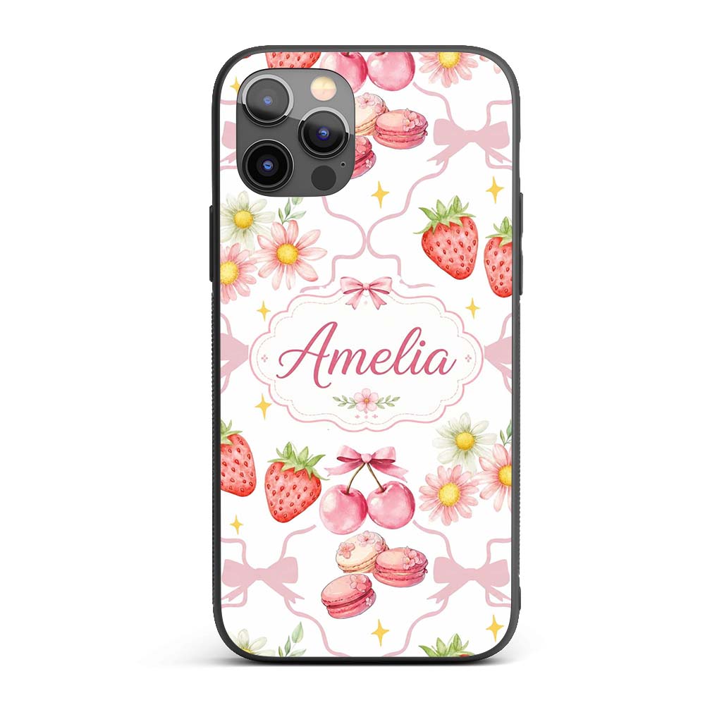 Cute Strawberry Cherry Daisy Floral Bow Sweet Custom Name Protective Phone Case Mobile Cover Durable Everyday Smartphone Shock Resistant