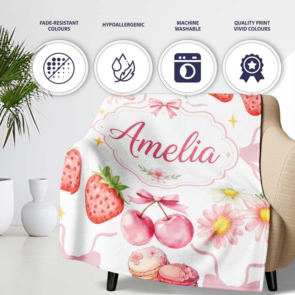 Cute Strawberry Cherry Daisy Floral Bow Sweet Dessert Light Grey  Personalised Custom Name Super Soft Fleece Blanket Bed Sofa Throw