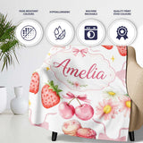 Cute Strawberry Cherry Daisy Floral Bow Sweet Dessert Light Grey  Personalised Custom Name Super Soft Fleece Blanket Bed Sofa Throw