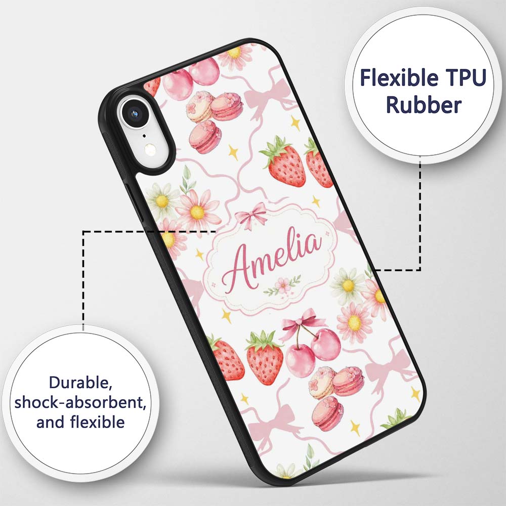 Cute Strawberry Cherry Daisy Floral Bow Sweet Custom Name Protective Phone Case Mobile Cover Durable Everyday Smartphone Shock Resistant