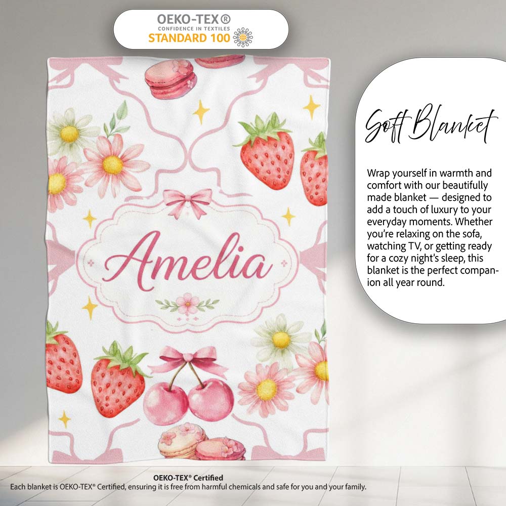 Cute Strawberry Cherry Daisy Floral Bow Sweet Dessert Light Grey  Personalised Custom Name Super Soft Fleece Blanket Bed Sofa Throw