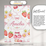 Cute Strawberry Cherry Daisy Floral Bow Sweet Dessert Light Grey  Personalised Custom Name Super Soft Fleece Blanket Bed Sofa Throw