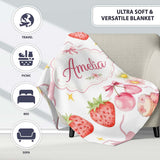 Cute Strawberry Cherry Daisy Floral Bow Sweet Dessert Light Grey  Personalised Custom Name Super Soft Fleece Blanket Bed Sofa Throw
