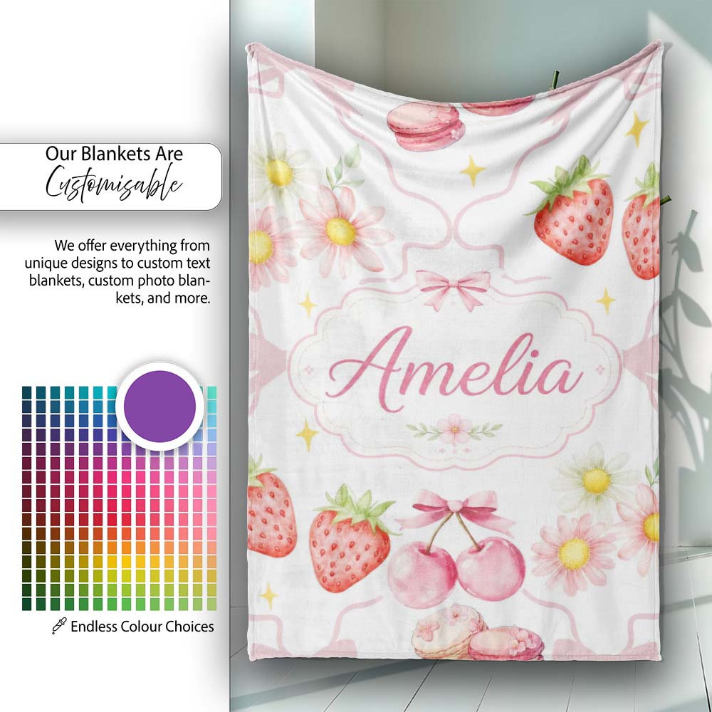 Cute Strawberry Cherry Daisy Floral Bow Sweet Dessert Light Grey  Personalised Custom Name Super Soft Fleece Blanket Bed Sofa Throw