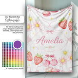 Cute Strawberry Cherry Daisy Floral Bow Sweet Dessert Light Grey  Personalised Custom Name Super Soft Fleece Blanket Bed Sofa Throw