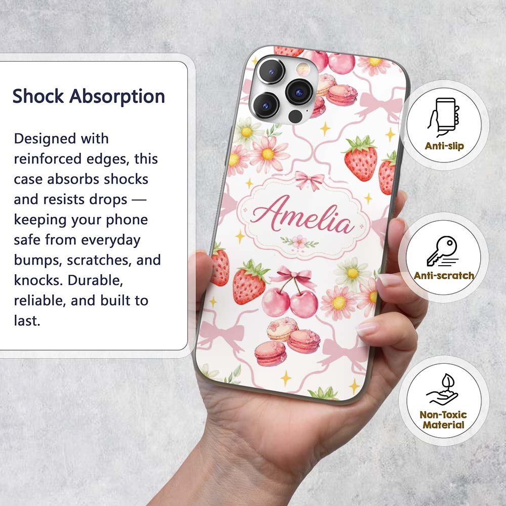 Cute Strawberry Cherry Daisy Floral Bow Sweet Custom Name Protective Phone Case Mobile Cover Durable Everyday Smartphone Shock Resistant