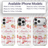 Cute Strawberry Cherry Daisy Floral Bow Sweet Custom Name Protective Phone Case Mobile Cover Durable Everyday Smartphone Shock Resistant