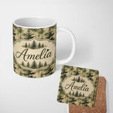 Personalized Custom Name Watercolour Forest Pine Tree with Layered Green Tones and Abstract 11oz Ceramic Coffee Tea Mug White Large Handle