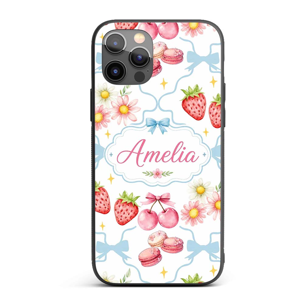 Strawberry Cherry Daisy Floral Bow Sweet Dessert Custom Name Protective Phone Case Mobile Cover Durable Everyday Smartphone Shock Resistant