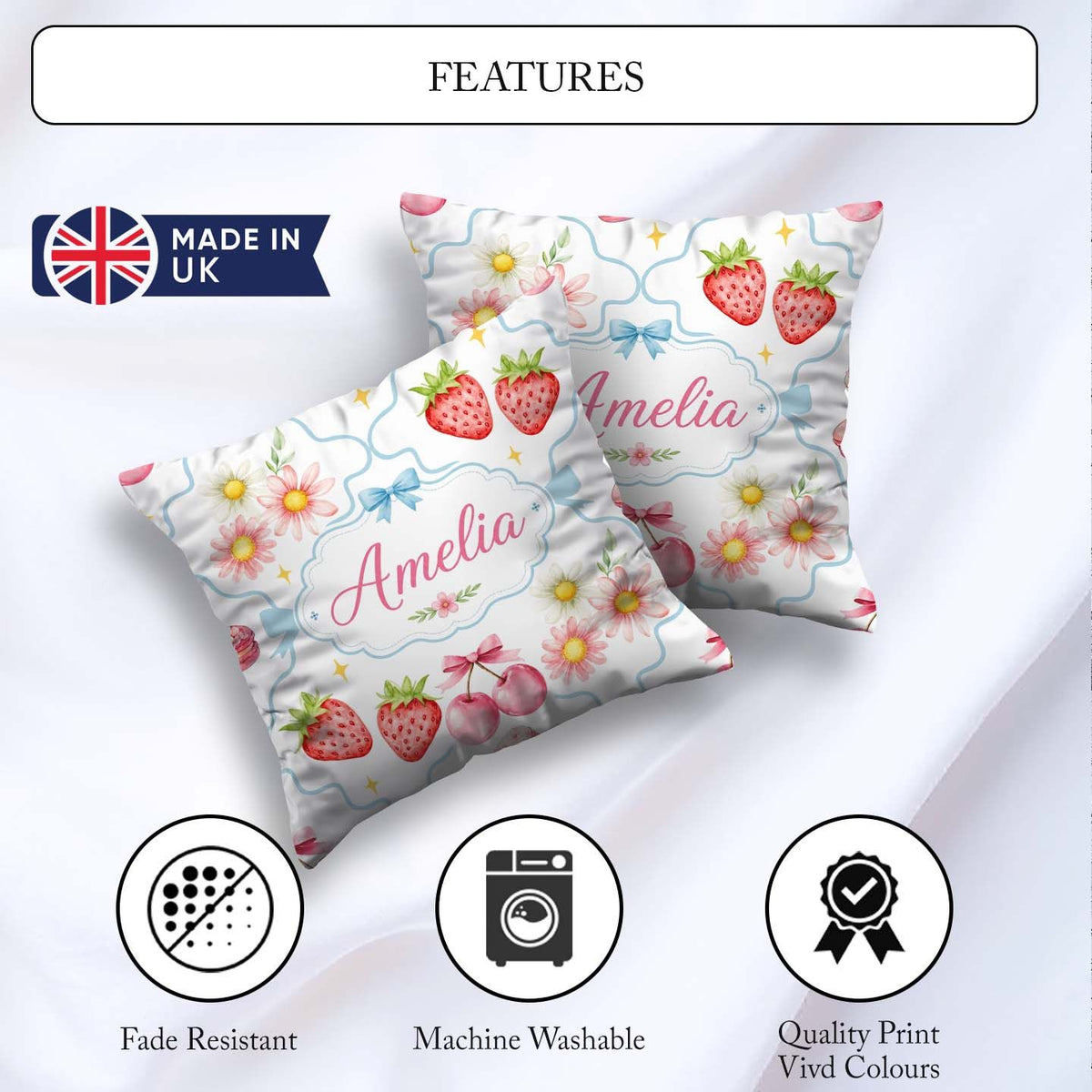 Custom Name Strawberry Cherry Daisy Floral Bow Dessert Soft Blue Square Filled Cushion Throw Pillow Sofa Bed Home Decor Zip Washable UK Made