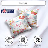 Custom Name Strawberry Cherry Daisy Floral Bow Dessert Soft Blue Square Filled Cushion Throw Pillow Sofa Bed Home Decor Zip Washable UK Made