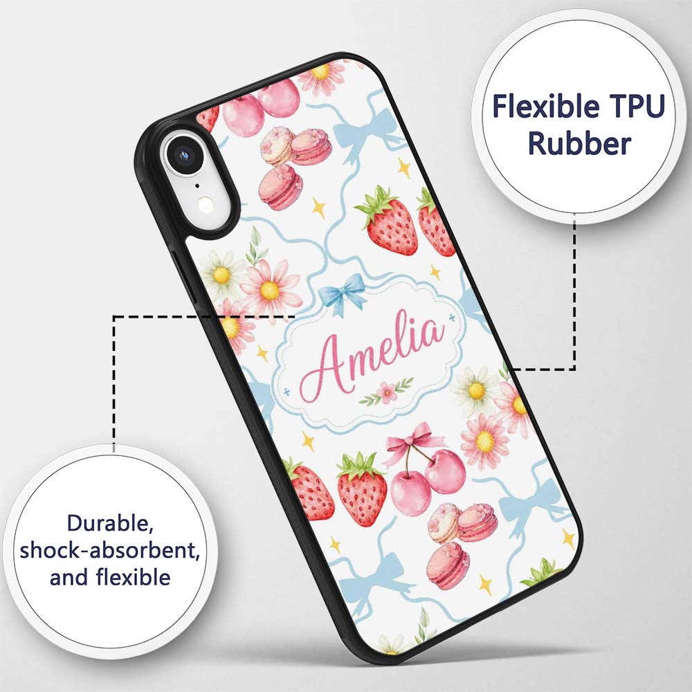 Strawberry Cherry Daisy Floral Bow Sweet Dessert Custom Name Protective Phone Case Mobile Cover Durable Everyday Smartphone Shock Resistant