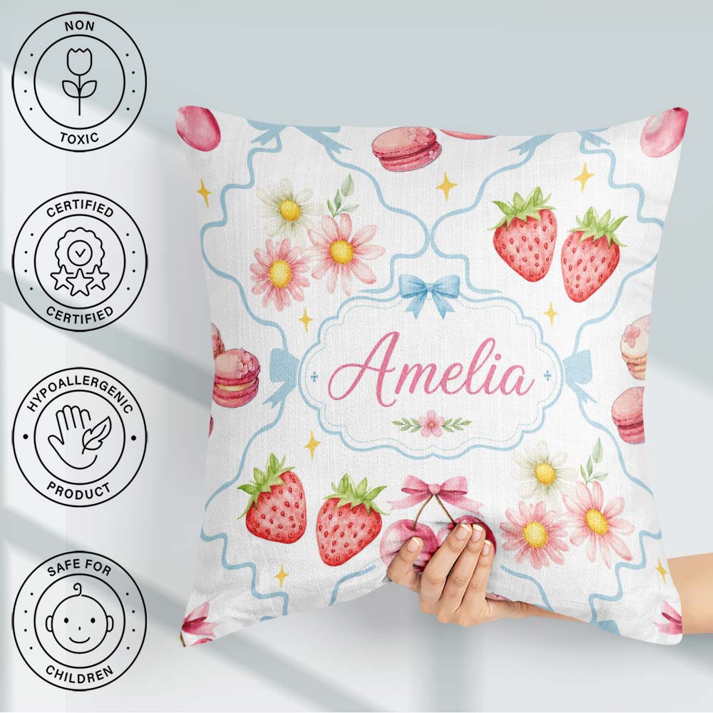 Custom Name Strawberry Cherry Daisy Floral Bow Dessert Soft Blue Square Filled Cushion Throw Pillow Sofa Bed Home Decor Zip Washable UK Made