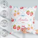 Custom Name Strawberry Cherry Daisy Floral Bow Dessert Soft Blue Square Filled Cushion Throw Pillow Sofa Bed Home Decor Zip Washable UK Made