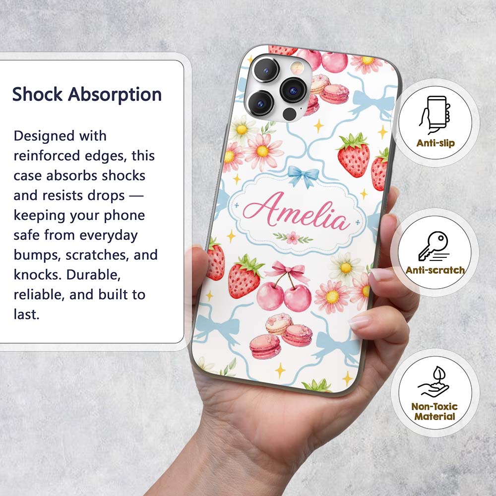 Strawberry Cherry Daisy Floral Bow Sweet Dessert Custom Name Protective Phone Case Mobile Cover Durable Everyday Smartphone Shock Resistant