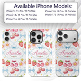 Strawberry Cherry Daisy Floral Bow Sweet Dessert Custom Name Protective Phone Case Mobile Cover Durable Everyday Smartphone Shock Resistant