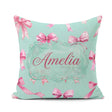 Custom Name Watercolor Pink Ribbon Bow Seamless Pattern on Teal Square Filled Cushion Throw Pillow Sofa Bed Home Decor Zip Washable UK Made