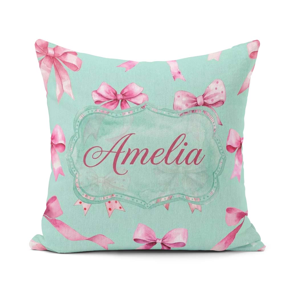 Custom Name Watercolor Pink Ribbon Bow Seamless Pattern on Teal Square Filled Cushion Throw Pillow Sofa Bed Home Decor Zip Washable UK Made