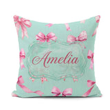 Custom Name Watercolor Pink Ribbon Bow Seamless Pattern on Teal Square Filled Cushion Throw Pillow Sofa Bed Home Decor Zip Washable UK Made