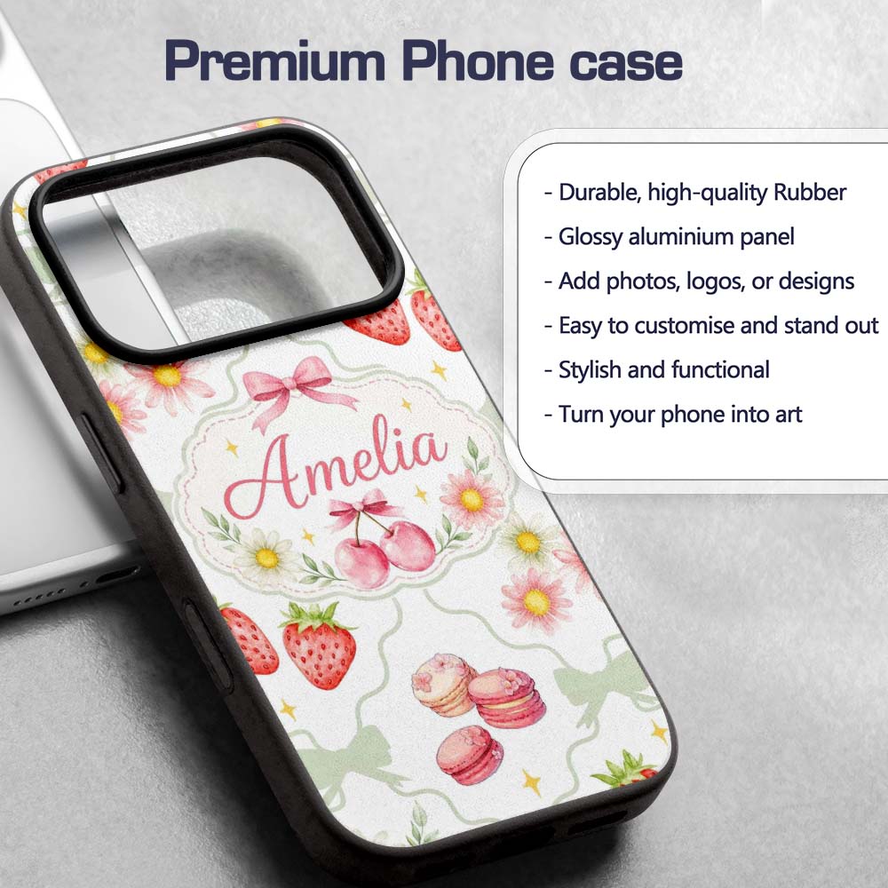 Strawberry Cherry Daisy Floral Bow Sweet Dessert Custom Name Protective Phone Case Mobile Cover Durable Everyday Smartphone Shock Resistant