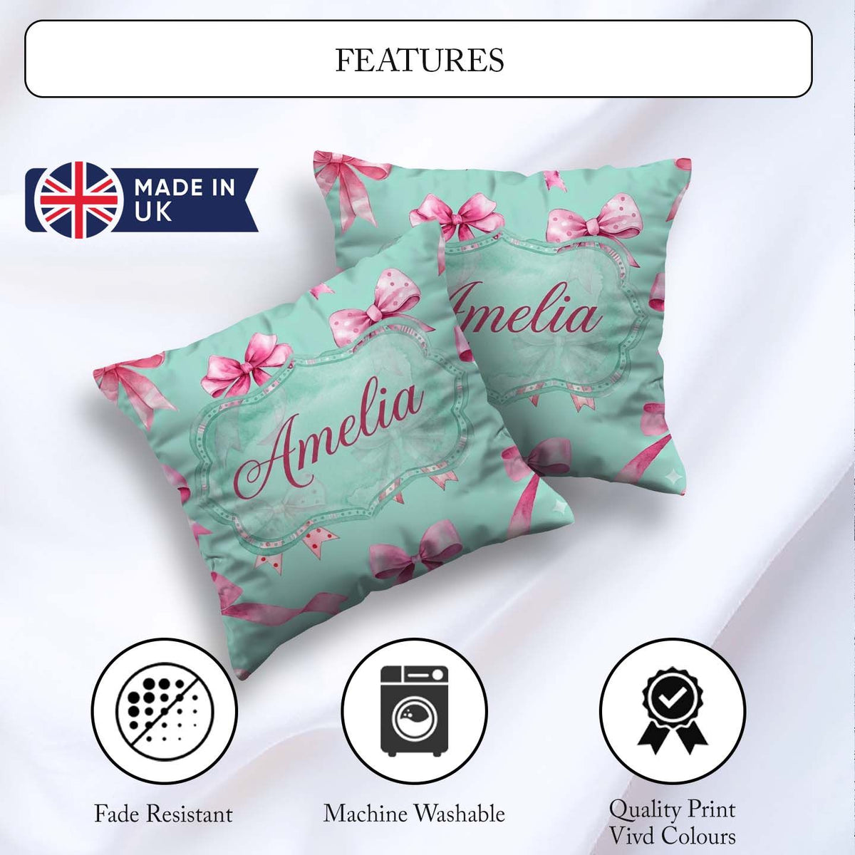 Custom Name Watercolor Pink Ribbon Bow Seamless Pattern on Teal Square Filled Cushion Throw Pillow Sofa Bed Home Decor Zip Washable UK Made