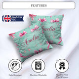 Custom Name Watercolor Pink Ribbon Bow Seamless Pattern on Teal Square Filled Cushion Throw Pillow Sofa Bed Home Decor Zip Washable UK Made