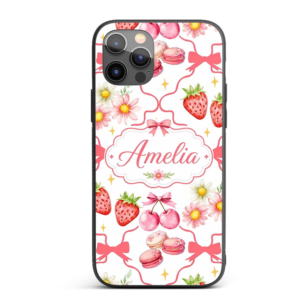 Strawberry Cherry Daisy Floral Bow Sweet Dessert Custom Name Protective Phone Case Mobile Cover Durable Everyday Smartphone Shock Resistant