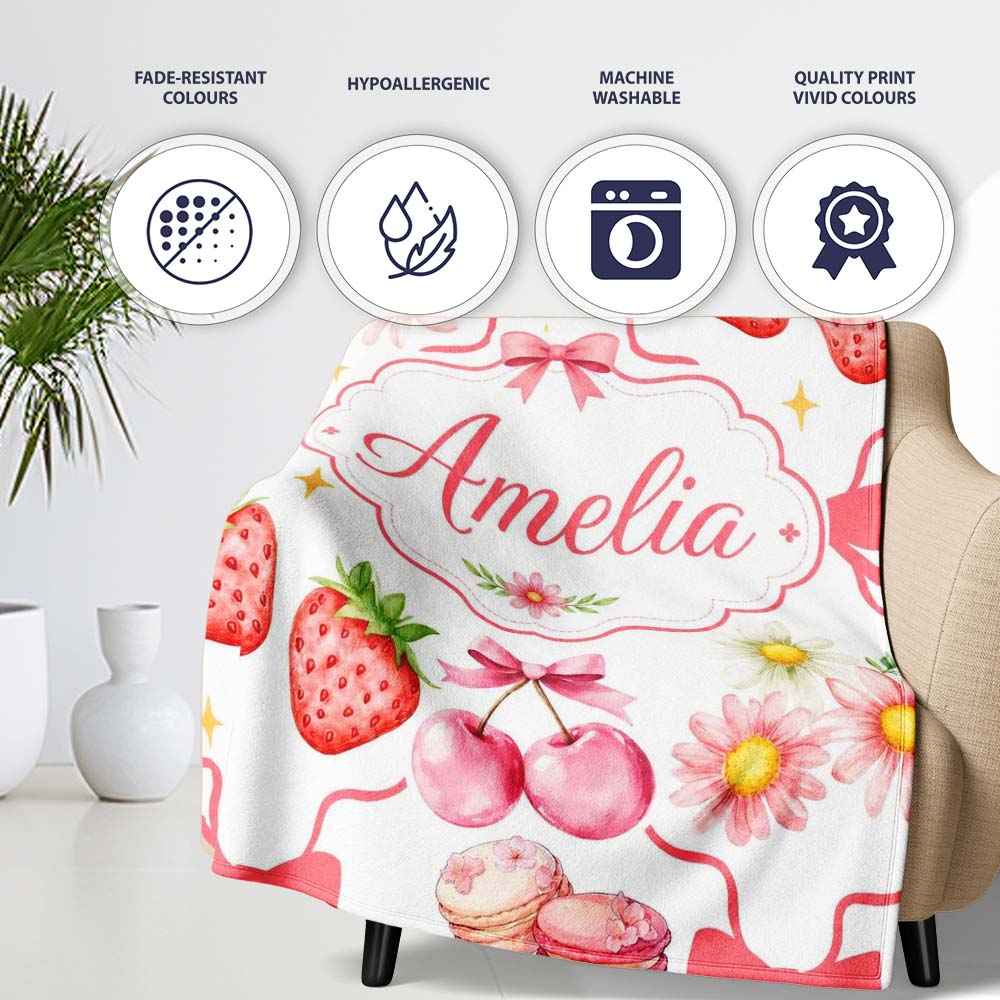 Strawberry Cherry Daisy Floral Bow Sweet Dessert Coral Red Outline  Personalised Custom Name Super Soft Fleece Blanket Bed Sofa Throw